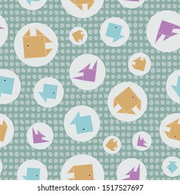 Vector Blue, Purple, Yellow Fish on Green Polka Dots Seamless Repeat Pattern. Background for textiles, cards, manufacturing, wallpapers, print, gift wrap and scrapbooking.