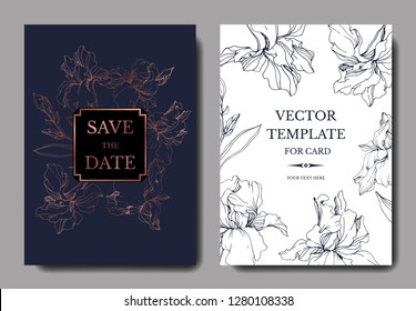 Vector Blue, purple and yellow iris botanical flower. Engraved ink art. Wedding background card floral decorative border. Thank you, rsvp, invitation elegant card illustration graphic set banner.