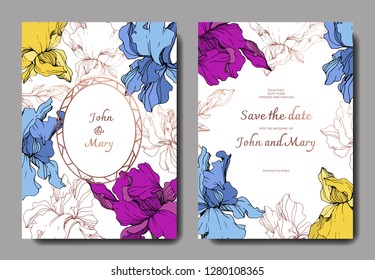 Vector Blue, purple and yellow iris botanical flower. Engraved ink art. Wedding background card floral decorative border. Thank you, rsvp, invitation elegant card illustration graphic set banner.