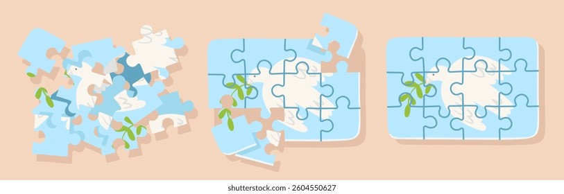 Vector blue puzzles with white dove on different stages - disassembled and assembled. Cartoon children illustration. Peace concept. 
