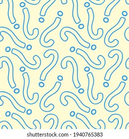 Vector blue question marks seamless pattern on light yellow background. Punctuation symbols colorful print for books, covers, textile, fabric, wallpaper, wrapping paper, design and decoration.