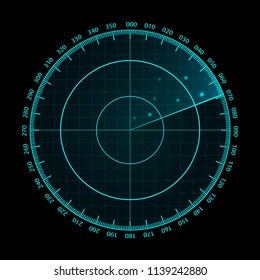 Vector blue radar screen. Military search system. Futuristic HUD radar display. Futuristic HUD interface.