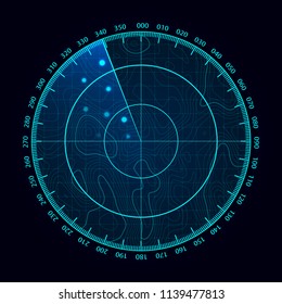 Vector blue radar screen. Military search system. Futuristic HUD radar display. Futuristic HUD interface.