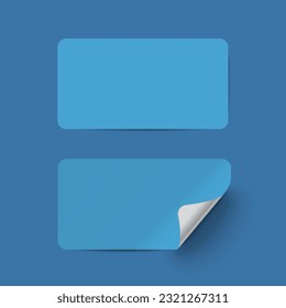 Vector blue realistic paper adhesive stickers with curved corner on blue background.