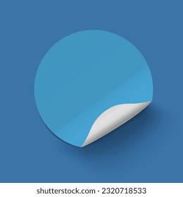 Pegatinas adhesivas de papel redondo realistas azul vectorial con esquina curvada sobre fondo azul.