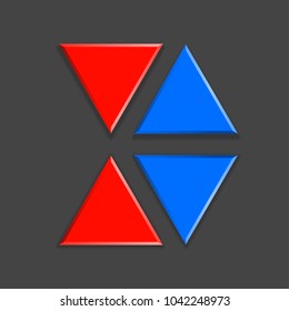 Vector blue and red Arrow banners set. Direct shape. 3d Abstract Business infographic presentation diagram. Section compare service. Up and down trend. Flat Paper index Exact pointer Isolated on black