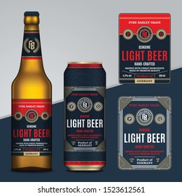 Vector blue and red beer labels. Realistic aluminum can and glass bottle mockups. Brewing company branding and identity design elements