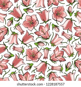Vector blue red bellflower blossoms open clossed seamless pattern background. Natural summer, spring backdrop with campanula meadow plants. Floral natural illustration for poster, textile decoration