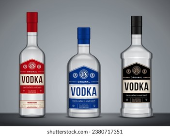 Vector blue, red and black vodka label template. Vodka glass bottle mockups