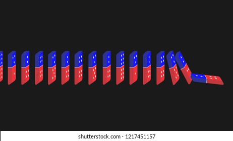 Vector blue and red domino row falling on dark background, chain reaction concept, precedent or consequences conceptual illustration