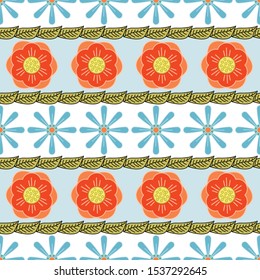 Vector Blue, Red, Orange and Yellow Flowers on Blue and White Stripes Background Seamless Repeat Pattern. Background for textiles, cards, manufacturing, wallpapers, print, gift wrap and scrapbooking.