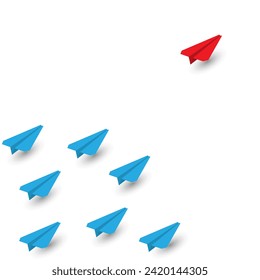 Vector blue and red paper airplane 3d look illustration small shadow white background, leader and follow team work, leadership and success concept, editable object and shape copy space for text