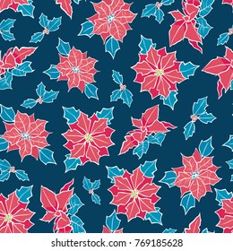 Vector blue, red poinsettia flower and holly berry holiday seamless pattern background. Great for winter themed packaging, giftwrap, gifts projects.