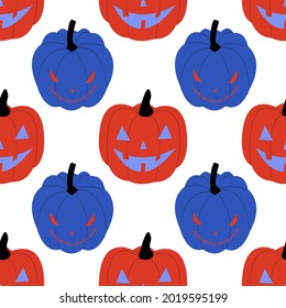 Vector blue and red pumpkin jack o'lantern. Seamless halloween pattern.