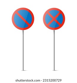 Vector Blue and Red Round Prohibition Sign Icon Set - Parking Prohibited, Stopping Prohibited Sign Frame Set Closeup Isolated. Traffic Road Plate, Sign Design Template, Front View