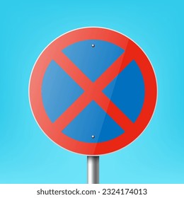 Vector Blue and Red Round Prohibition Sign Icon - Parking Prohibited, Stopping Prohibited Sign Frame Closeup on a Blue Sky Background. Traffic Road Plate, Sign Design Template, Front View