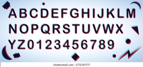 vector blue red shadowed font and alphabet. Screen, overlay and  multiply effects