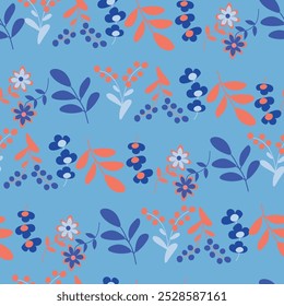 Vektor Blau und Rot Kleine Blumen Nahtloses Muster