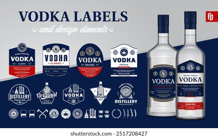 Etiquetas de vodka azul e vermelho vetorial. Realistas vodka vidro garrafa mockups. Marcas de destilação e elementos de desenho de identidade