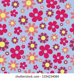 Vector Blue Red Yellow Hippie Floral Seamless Pattern Background