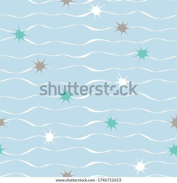 Vector blue repeat pattern\
with white waves and blue, white and brown stars. Surface pattern\
design.