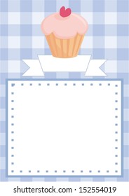 Vector blue restaurant menu card, baby shower list, wedding invitation with sweet cupcake on boy blue vintage checkered pattern grid texture background and empty white space for your own text message 