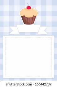 Vector blue restaurant menu card baby shower list wedding invitation with sweet chocolate cupcake on boy blue vintage checkered pattern grid texture background and empty white space for text message