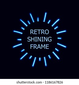 Vector Blue Retro Sun Burst Frame, Shine Effect, Bright Light Lines on Black Background.