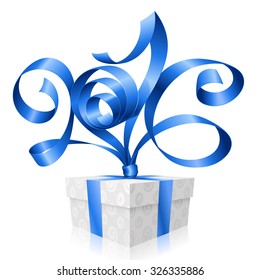 Vector blue ribbon and gift box. Symbol of New Year 2016