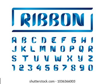 Vector of Blue Ribbons Alphabet Letters and numbers, Modern stylized rounded Lettering, Minimal Fonts set for Celebrate, Decoration Party, Fashion.