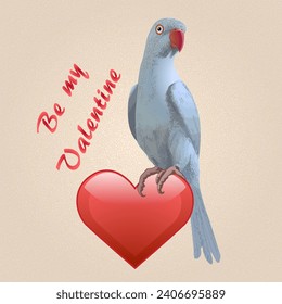 Vector blue ring neck parrot bird with red heart on a crackled beige background. Valentine Day card