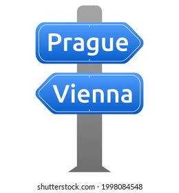 Señal azul vectorial de la carretera que apunta a las ciudades de Praga y Viena