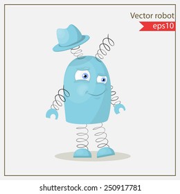 Vector blue robot with springs. Cute robot with a hat. Design element.