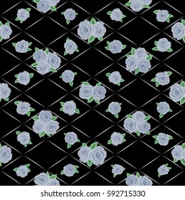 Vector blue rose flowers seamless pattern.
