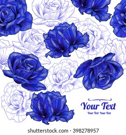 Vector blue roses flowers frame corner pattern . Invitation or greeting card design.Vector illustration