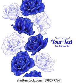 Vector blue roses flowers vertical frame seamless pattern background . Invitation or greeting card design.Vector illustration