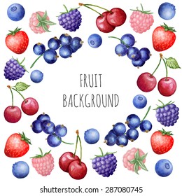Vector blue round background with watercolor berries. Background for packaging, cards and posters.