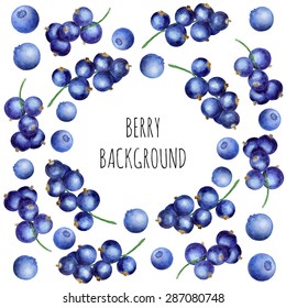 Vector blue round background with watercolor berries. Background for packaging, cards and posters.