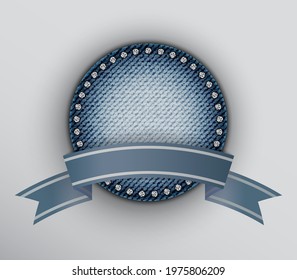 Vector Blue Round Denim Badge With Ribbon And Sequin Border.