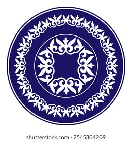 Vector blue round Kazakh national ornament. Ethnic pattern of the peoples of the Great Steppe, Kazakh, Mongols, Kyrgyz, Kalmyks. circle, frame border. For sandblaster, ceramic, plate, print design