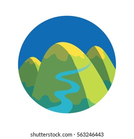 Vector blue round label with cartoon image of green-yellow mountain with three rounded peaks and blue river in the center on a white background. Nature, climbing, background. Vector illustration. 