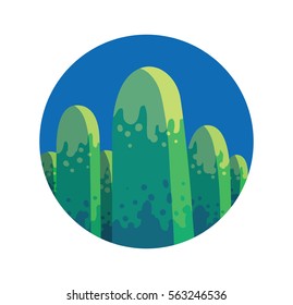 Vector blue round label with cartoon image of green mountain with six rounded peaks in the center on a white background. Nature, climbing, background. Vector illustration. 