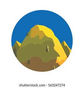 Vector blue round label with cartoon image of big yellow mountain with five firtrees in the center on a white background. Nature, climbing, background. Vector illustration. 