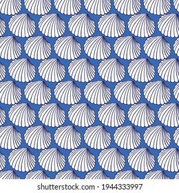 Vector blue rows of cockles clam seashells repeat pattern 05. Suitable for gift wrap, textile and wallpaper.