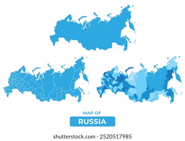 Vetor Azul Rússia mapas políticos com regiões de fronteiras simples plano ilustração conjunto 