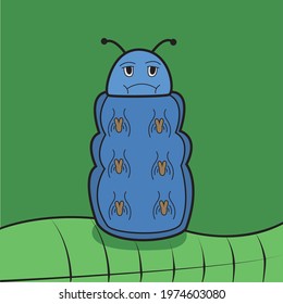 Vector Of Blue Sad Caterpillar and Green Leaf Background. Perfect For Color Learning, background, presentation, Knowledge, Education, advertisement product and mock up.