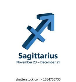 Signo de astrología zodiac Sagittarius 3d azul vector. Símbolo de astronomía de diseño volumétrico. 