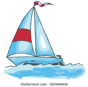 Vector blue sailboat ship whith flag on the sea. 