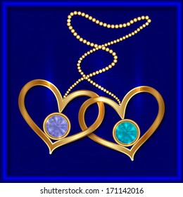 Vector Blue Saint Valentine greeting card with hearts and gemstones