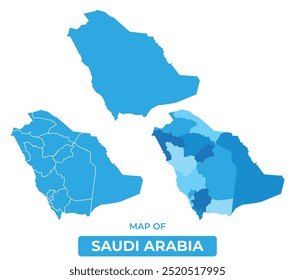 Vector Blue Saudi Arabia political maps with borders regions simple flat illustration set 
